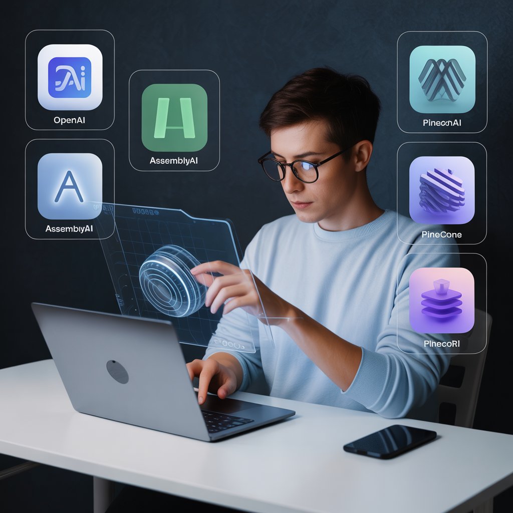 Developer using top AI APIs to build a startup in 2025 with OpenAI, Pinecone, and Stability tools