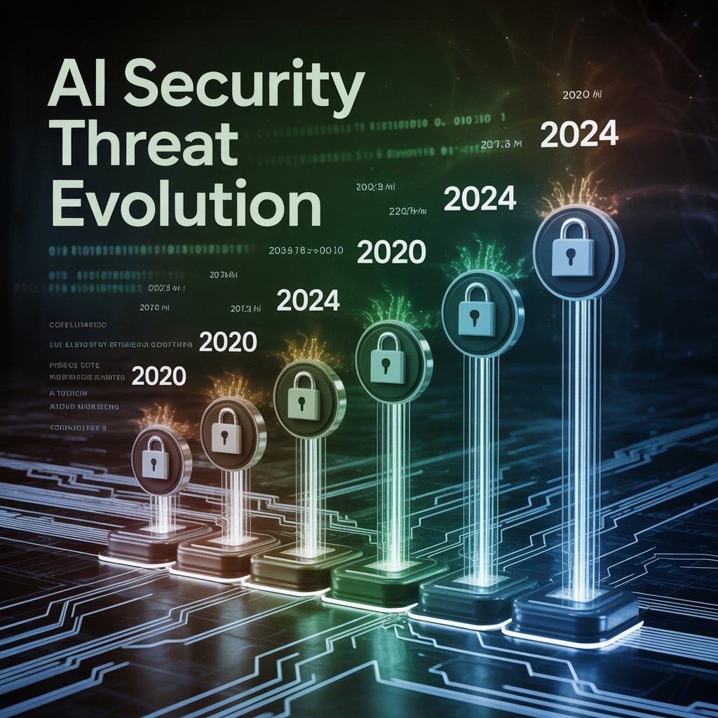Infographic displaying the timeline of AI security threats from 2020 to 2025, showing progression from basic prompt manipulation in 2020, to data extraction attacks in 2021, sophisticated jailbreaking in 2022, indirect injection via RAG systems in 2023, and multi-vector coordinated attacks in 2025, with incident counts increasing from 50 to over 5,000 annually